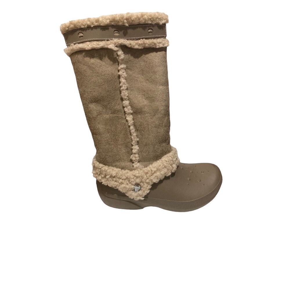 Crocs Nadia Women’s Taupe Faux Fur Lined Pull On Tall Boots Shoes Size 7